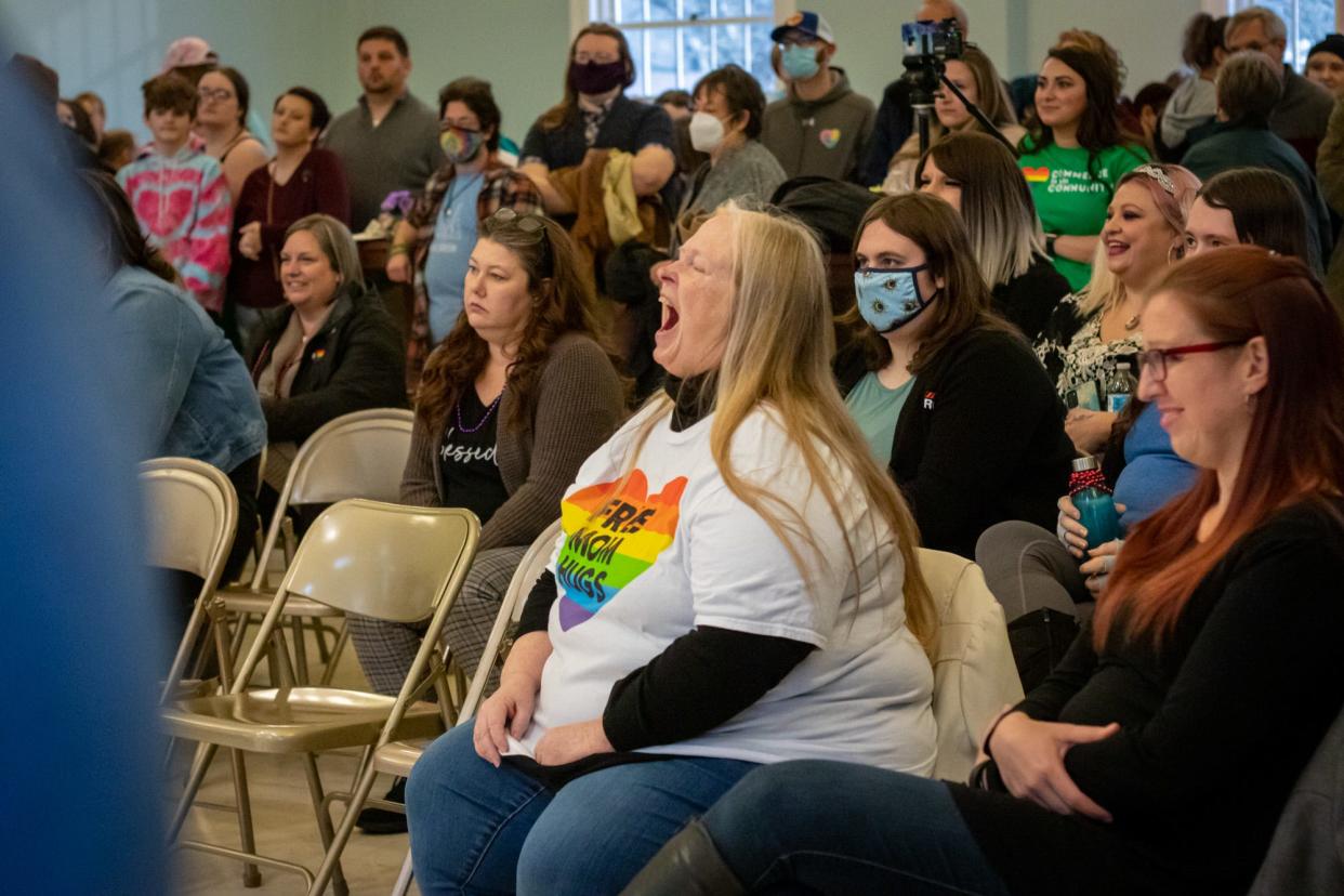 A woman cheers after a musical performance by Springfield Symphony Orchestra cellist Emilia Stauffer during Springfield's first public Trans Day of Visibility event in 2022. TDOV was first established in 2009 by Rachel Crandall-Crocker of Michigan.