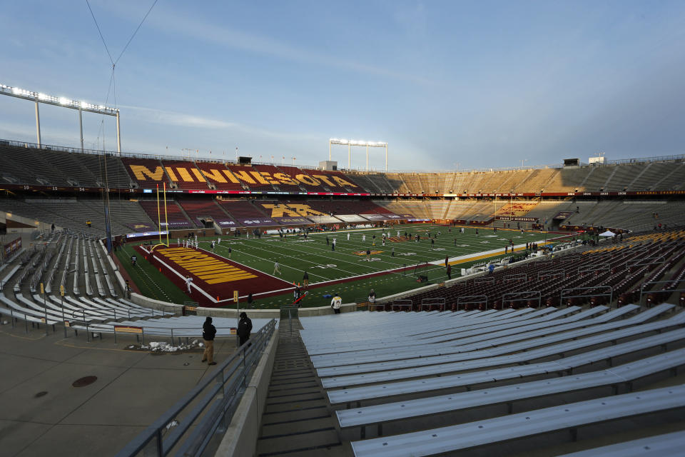 Michigan and Minnesota prepare to play their first match of the season at an almost empty TCF Bank Stadium in an NCAA college football game Saturday, Oct. 24, 2020, in Minneapolis. (AP Photo/Bruce Kluckhohn)