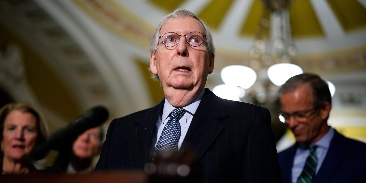 Senate Minority Leader Mitch McConnell at a press conference on Capitol Hill in February 2023.