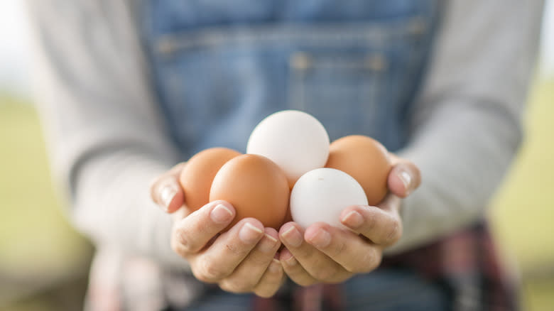 female farmer holding eggs