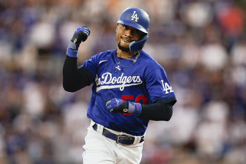 Los Angeles Dodgers' Mookie Betts runs the bases after hitting a home run against the Miami Marlins during the fifth inning of the second baseball game of a doubleheader Saturday, Aug. 19, 2023, in Los Angeles. (AP Photo/Ryan Sun)