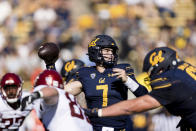 California quarterback Chase Garbers (7) passes against Washington State in the second quarter of an NCAA college football game in Berkeley, Calif., Saturday, Oct. 2, 2021. (AP Photo/John Hefti)