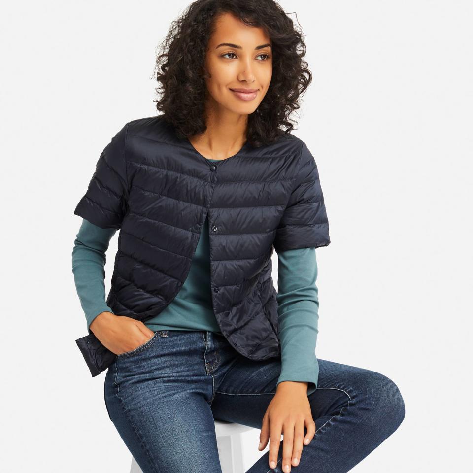 <p><strong>Uniqlo</strong></p><p>uniqlo.com</p><p><strong>$39.90</strong></p><p><a rel="nofollow noopener" href="https://www.uniqlo.com/us/en/women-ultra-light-down-compact-short-sleeve-jacket-online-exclusive-415323.html" target="_blank" data-ylk="slk:Shop Now;elm:context_link;itc:0;sec:content-canvas" class="link ">Shop Now</a></p><p>"Puffer jackets tend to turn everyone into the same vaguely Michelin-man shaped winter creature, but this ultralight Uniqulo jacket has a clever silhouette that's perfect for layering and can be worn with literally anything." -<em>Elizabeth Angell, Digital Director</em></p>