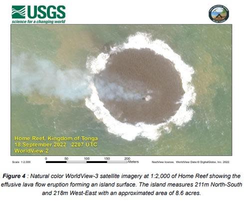 As lava continues to flow out of the Home Reef volcano, it is forming an island above the water's surface. / Credit: Tonga Geological Services