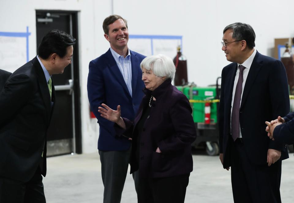 Korean Ambassador to the U.S., Hyundong Cho, left, talks with U.S. Treasury Secretary Janet Yellen during Wednesday's tour in Elizabethtown.