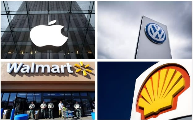 Four of the largest companies in the world by revenue, from L-R: Apple, Volkswagen, Walmart and Royal Dutch Shell