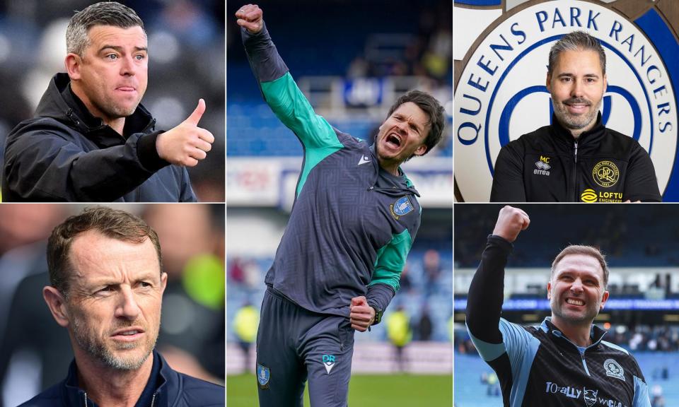 <span>Steven Schumacher of Stoke, Sheffield Wednesday’s Danny Röhl, Martí Cifuentes of QPR, Blackburn’s John Eustace and Birmingham’s Gary Rowett (clockwise from top left).</span><span>Composite: Shutterstock/Graeme Robertson/The Guardian</span>