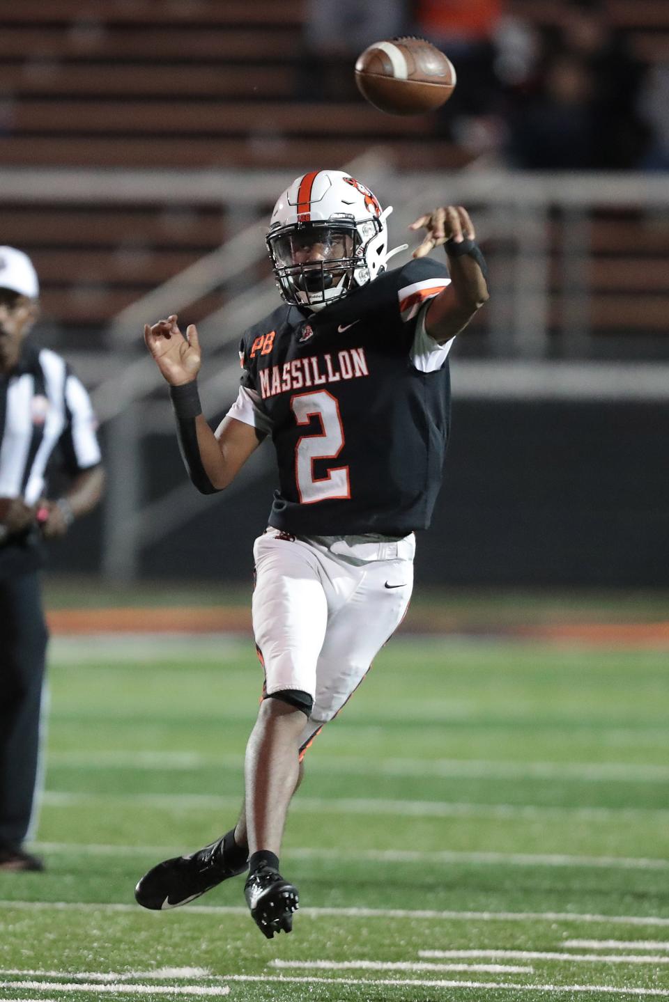 Massillon QB Jalen Slaughter throws a pass against Euclid, Friday, October 1, 2021.