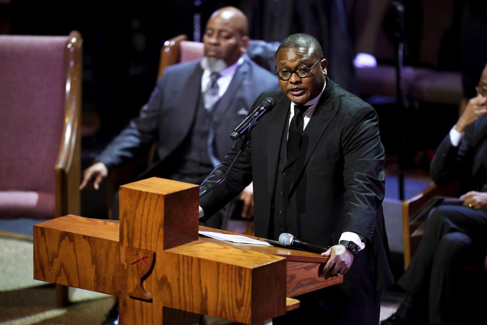 Rev. Dr. J. Lawrence Turner speaks during the funeral service for Tyre Nichols at Mississippi Boulevard Christian Church in Memphis, Tenn., on Wednesday, Feb. 1, 2023. Nichols died following a brutal beating by Memphis police after a traffic stop. (Andrew Nelles/The Tennessean via AP, Pool)