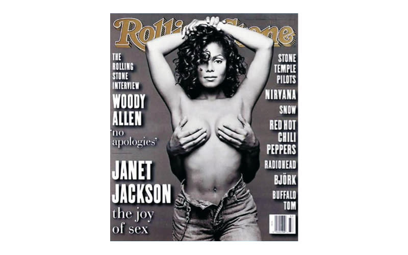 <p>The now-famous magazine cover of Janet Jackson was featured on her <em>Janet</em> album cover but when the publication was released, the full nude photograph drew controversy. <em>[Photo: Rolling Stone]</em> </p>