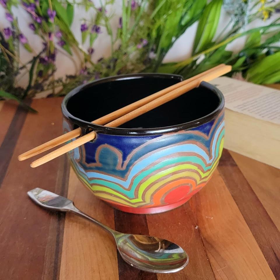 A rainbow chopstick bowls Springfield artist Mari Moore-Mosby sells through her Mudbug Creations studio.