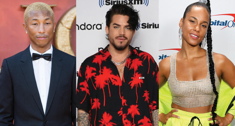 Adam Lambert, Pharrell and Alicia Keys. Photo: Getty Images