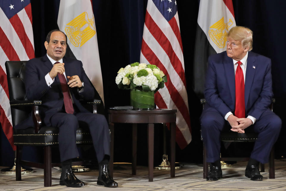 FILE - In this Sept. 23, 2019 file photo, Egyptian President Abdel-Fattah el-Sissi speaks as he meets with President Donald Trump at the InterContinental Barclay hotel during the United Nations General Assembly, in New York. Egypt says it is facing an existential threat, as its southern neighbor Ethiopia races to complete a massive new dam upstream. But with no agreement on the horizon, Egypt finds itself with limited options. The White House earlier this month said that the U.S. supports negotiations to reach a sustainable agreement. (AP Photo/Evan Vucci, File)