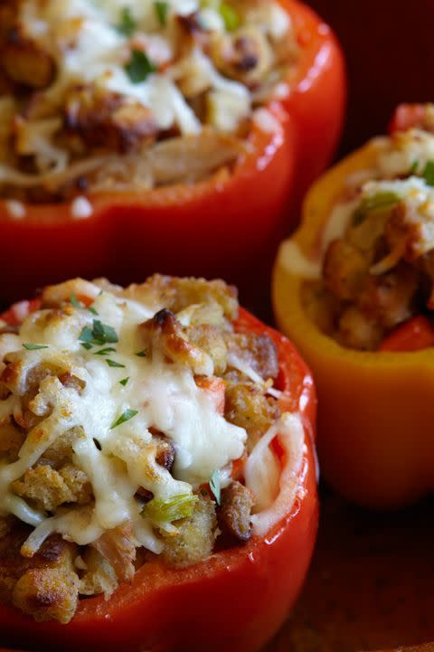 <p>These are just like the stuffed peppers you love except done Thanksgiving style (and topped with mozzarella, of course).</p><p><a href="https://www.delish.com/holiday-recipes/thanksgiving/recipes/a44319/leftover-turkey-and-stuffing-stuffed-peppers/" rel="nofollow noopener" target="_blank" data-ylk="slk:Get the recipe from Delish »;elm:context_link;itc:0;sec:content-canvas" class="link "><em>Get the recipe from Delish »</em></a> </p>