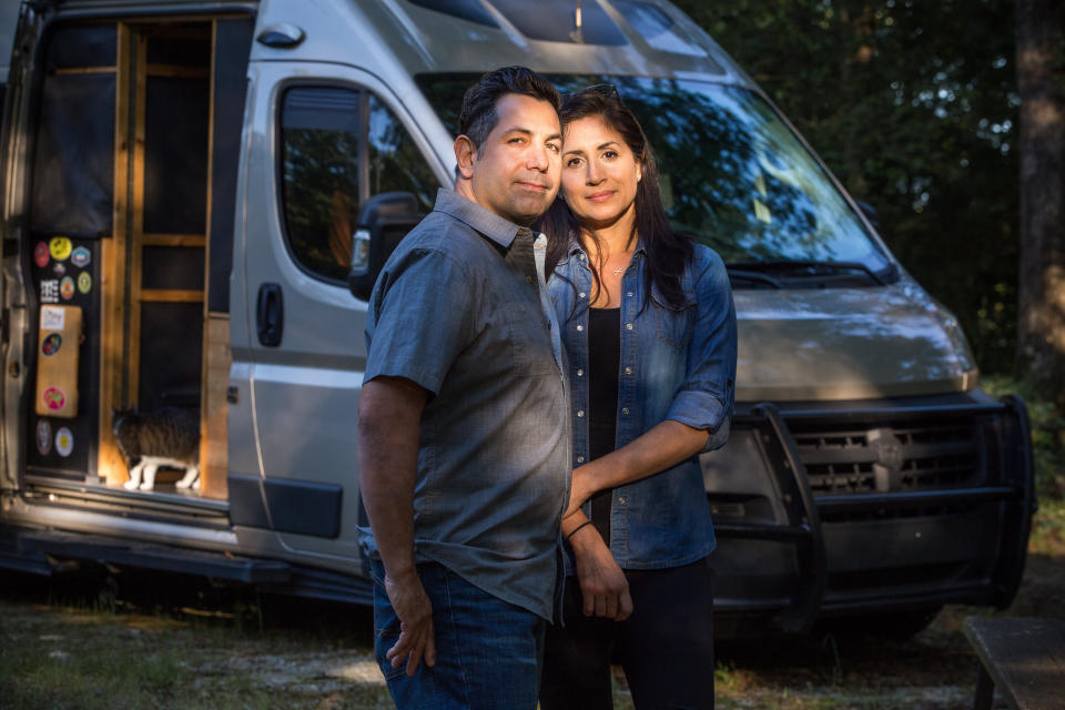 Denny Winkowski and Veronica Iba&ntilde;es by their RV at Carolina Landing RV Resort in Fair Play, South Carolina, on May. The couple, who have lived and worked full time from an RV since 2013, have run into difficulty while attempting to adhere to shelter-in-place protocols. (Photo: Casey Sykes for HuffPost)