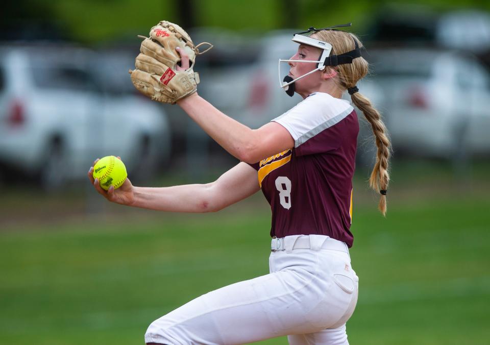 Brandywine's Kadence Brumitt pitches during the Brandywine vs. Constantine district softball game Tuesday, May 31, 2022 at Buchanan High School. 