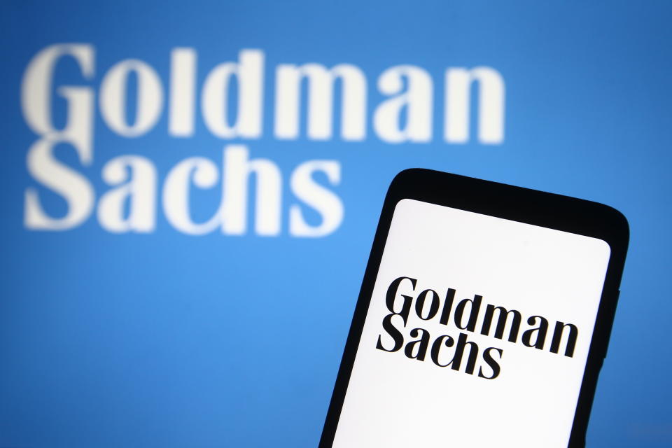 UKRAINE - 2021/02/17: In this photo illustration the Goldman Sachs logo of the U.S. investment bank is seen on a smartphone and a pc screen. (Photo Illustration by Pavlo Gonchar/SOPA Images/LightRocket via Getty Images)