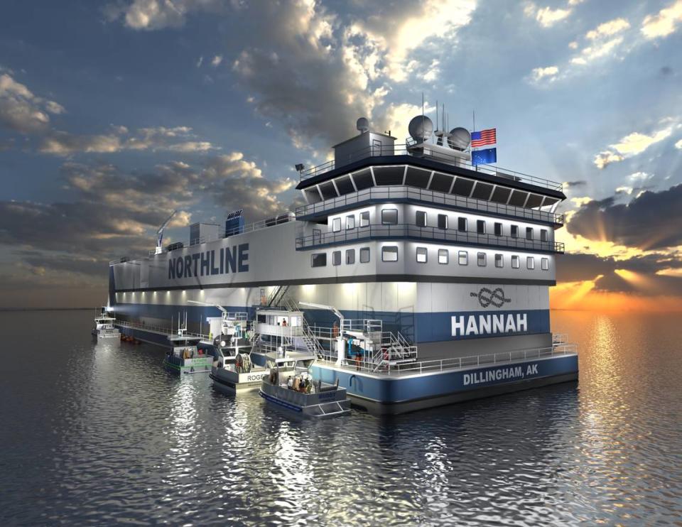 A rendering shows what the Hannah mobile salmon processing platform will look like once construction of the vessel is complete in 2024 in Bellingham, Wash.