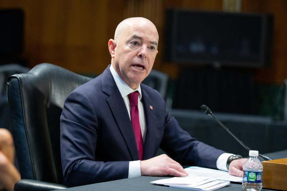 Secretary of Homeland Security Alejandro Mayorkas responds to lawmakers' questions during a Senate subcommittee hearing on May 4, 2022.  / Credit: Amanda Andrade-Rhoades/The Washington Post via Getty Images