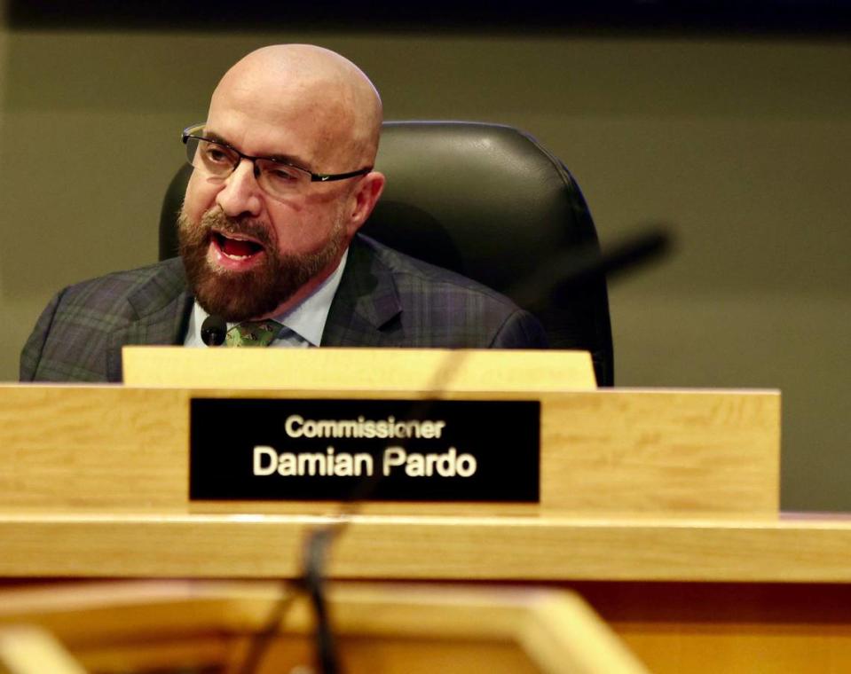 Newly elected commissioner Damian Pardo gives a “no” vote to budget during the special commission meeting regarding the city’s budget at Miami City Hall on Monday, December 11, 2023.