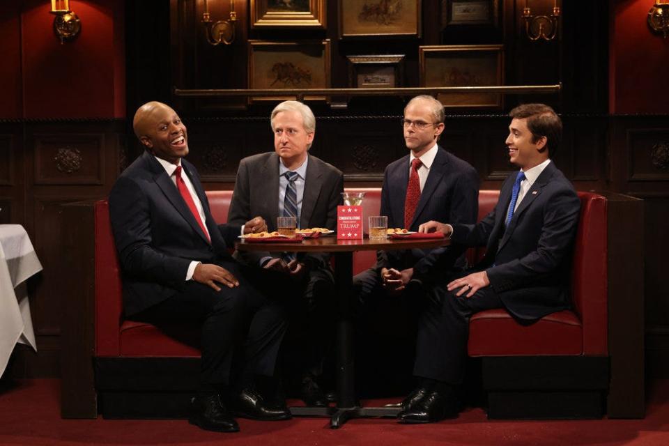 Devon Walker as Senator Tim Scott, James Austin Johnson as Senator Lindsey Graham, Mikey Day as Senator James Risch, and Marcello Hernández as Senator Marco Rubio during the “Trump Victory Party” cold open in the Feb. 24 episode of "Saturday Night Live."