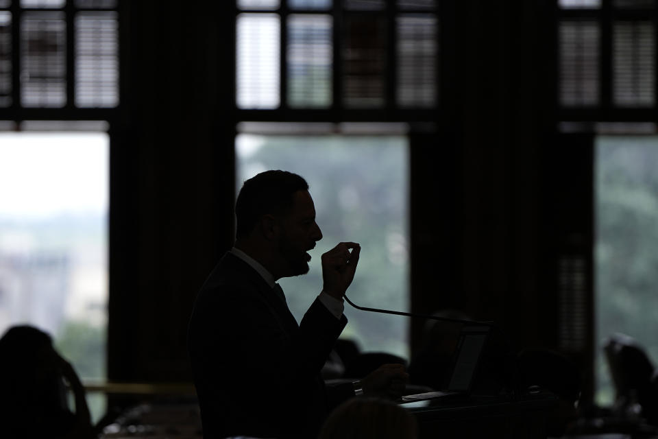 Texas state Rep. Rafael Anchia, D-Dallas, debates a voting bill at the Texas Capitol in Austin, Texas, Tuesday, May 23, 2023. (AP Photo/Eric Gay)