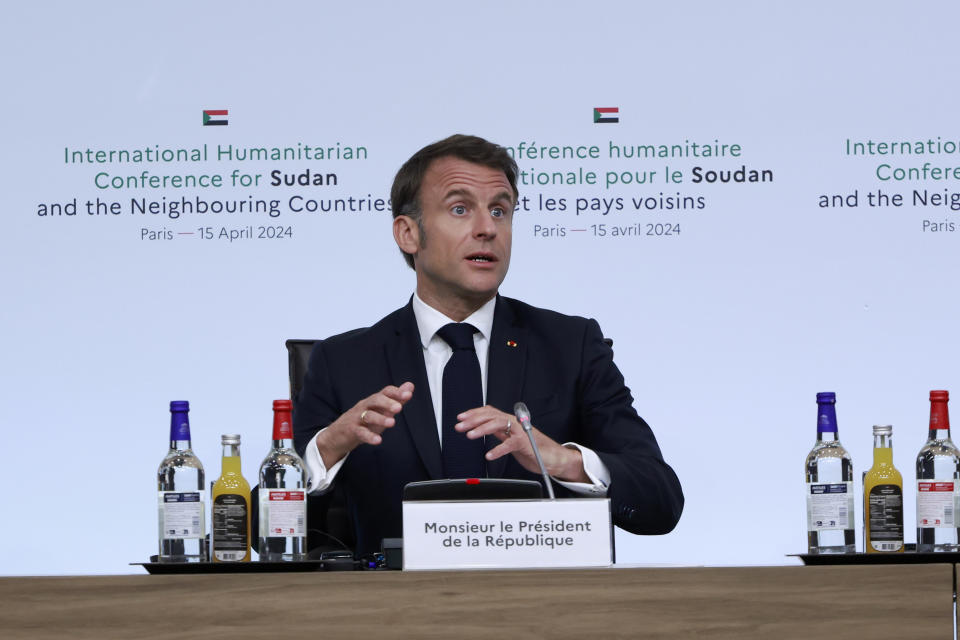 French President Emmanuel Macron speaks during a session at the international conference on Sudan, Monday, April 15, 2024 in Paris. Top diplomats and aid groups met in the French capital to drum up humanitarian support for Sudan after a yearlong war has devastated the northeastern African country and pushed its people to the brink of famine. (AP Photo/Aurelien Morissard; Pool)