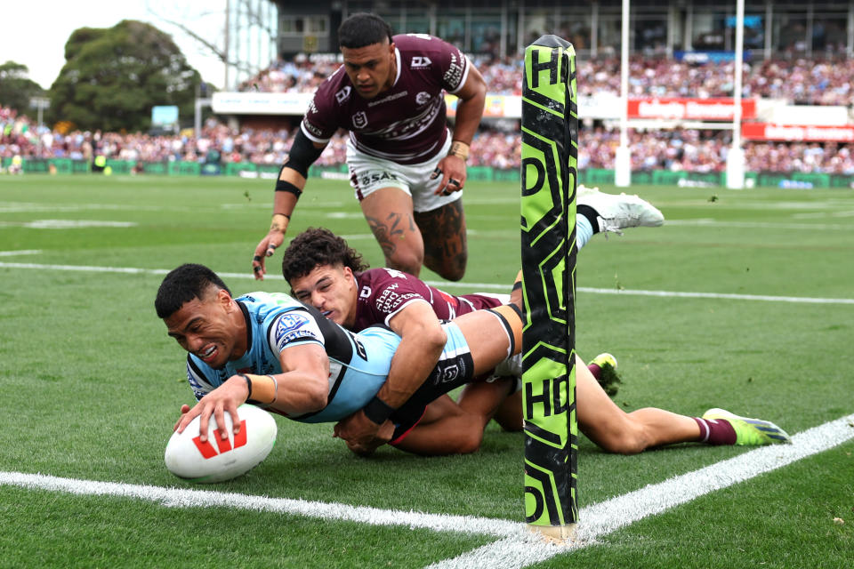 Ronaldo Mulitalo in action for the Sharks against Manly.