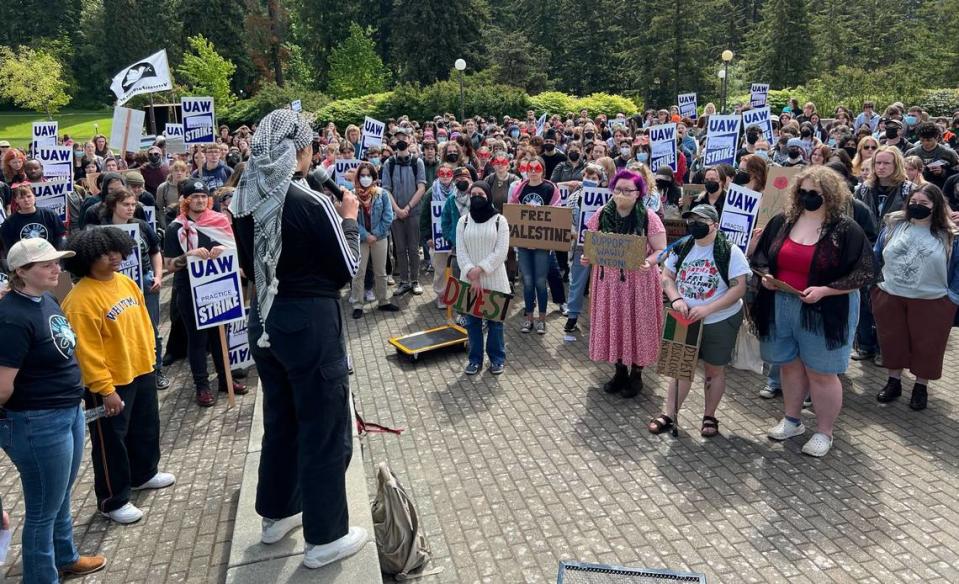 A speaker who gave their name only as Jasmine speaks to union supporters and Gaza war protesters at a rally Friday on the campus of Western Washington University.