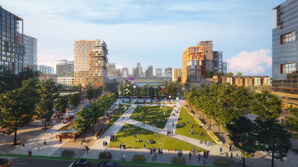 A rendering depicts an aerial view of a proposed "grand park" between a new, enclosed Tennessee Titans stadium and the Cumberland River on Nashville's East Bank.