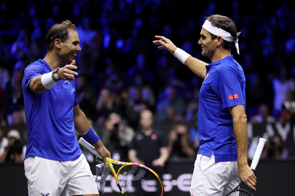 LONDON, ENGLAND - SEPTEMBER 23: Rafael Nadal and Roger Federer of Team Europe react after the doubles match between Jack Sock and Frances Tiafoe of Team World and Roger Federer and Rafael Nadal of Team Europe during Day One of the Laver Cup at The O2 Arena on September 23, 2022 in London, England. (Photo by Clive Brunskill/Getty Images for Laver Cup)