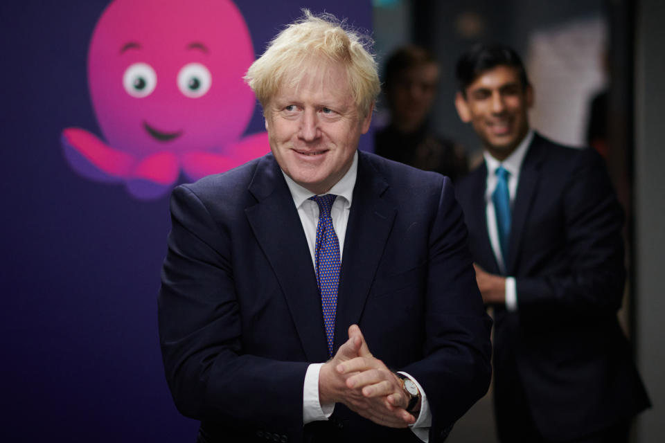 Prime Minister Boris Johnson and Chancellor of the Exchequer Rishi Sunak during a visit to the headquarters of Octopus Energy in London.