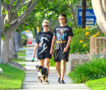 <p><em>Stranger Things</em> star Joe Keery and his girlfriend Maika Monroe walk their dog around their Beverly Hills neighborhood on Saturday.</p>