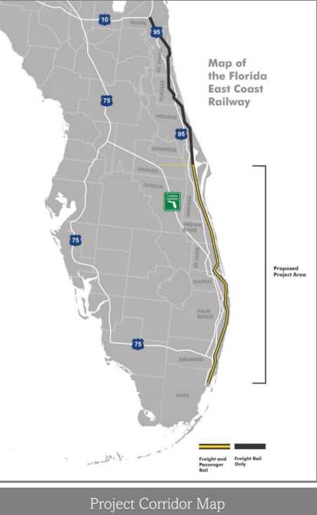 Map shows the seven-county area from Miami-Dade to Brevard County where $45 million in safety improvements are planned to reduce accidents along the Brightline corridor