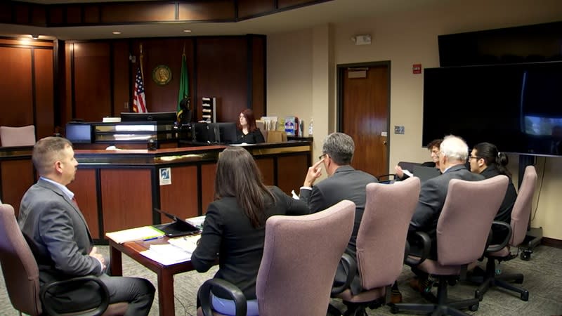 Julio Segura (right) in court on the first day of his murder trial in the death of off-duty Vancouver Police Officer Donald Sahota, May 6, 2024 (KOIN)
