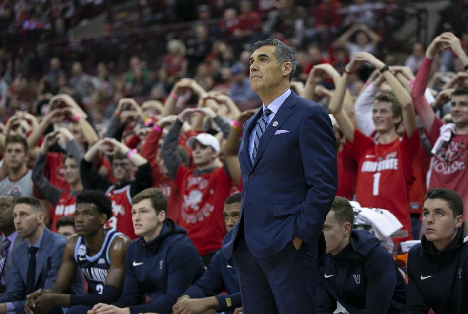 Villanova Wildcats head coach Jay Wright watches as an Ohio State Buckeyes players shoots free throws during the first half of the NCAA men's basketball game at Value City Arena in Columbus on Wednesday, Nov. 13, 2019. [Adam Cairns/Dispatch]