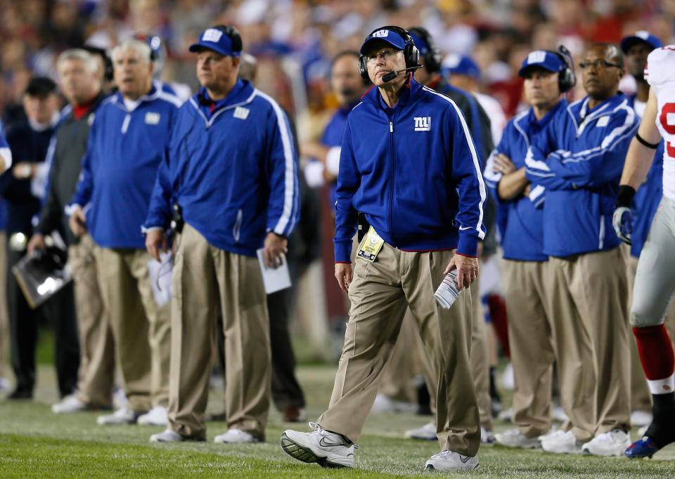 Head coach Tom Coughlin of the New York Giants reacts after a third quarter field goal while taking on the Washington Redskins at FedExField on December 3, 2012 in Landover, Maryland. (Photo by Rob Carr/Getty Images)