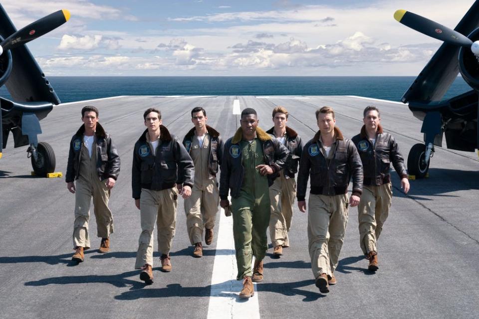 From left, Bill Koenig (Daren Kagasoff), Carol Mohring (Nick Hargrove), Marty Goode (Joe Jonas), Jesse Brown (Jonathan Majors), Bo Lavery (Spencer Neville), Tom Hudner (Glen Powell) and Dick Cevoli (Thomas Sadoski) in Columbia Pictures' "Devotion."