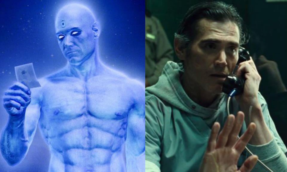 <p>Billy played Dr. Manhattan in Watchmen but appeared in Justice League as Barry Allen’s dad. He’ll appear in the solo Flash movie too. </p>