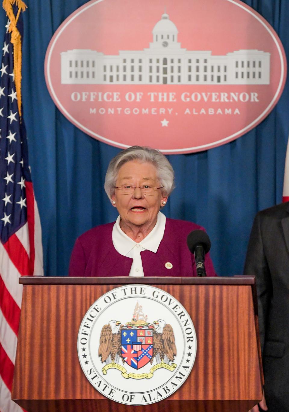 Alabama Governor Kay Ivey speaks as she discusses Correctional Incentive Time during a press briefing at the state capitol building in Montgomery, Ala., on Monday January 9, 2023.