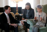 Sakie Yokota (R), mother of Megumi Yokota who was abducted by North Korea agents at age 13 in 1977, meets U.S. ambassador to Japan William Hagerty in Tokyo, Japan, April 10, 2018. REUTERS/Kim Kyung-Hoon