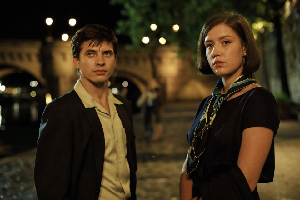 This image released by Sony Pictures Classics shows Oleg Ivenko as Rudolf Nureyev, left, and Adèle Exarchopoulos as Clara Saintin a scene from "The White Crow." (Jessica Forde/Sony Pictures Classics via AP)