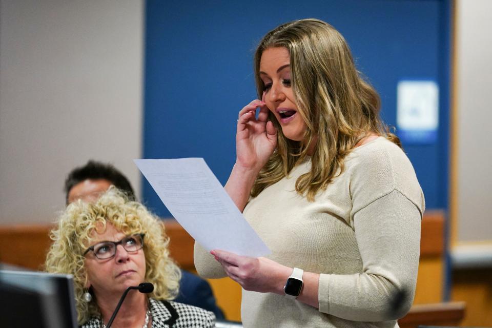 Jenna Ellis reads a statement after pleading guilty to one felony count of aiding and abetting false statements and writings inside Fulton Superior Court Judge Scott McAfee's Fulton County Courtroom in Atlanta, Georgia, on October 24, 2023. Ellis, an attorney and prominent conservative media figure, reached a deal with prosecutors on Tuesday and pleaded guilty to a reduced charge over efforts to overturn Donald Trump's 2020 election loss in Georgia. (Photo by John Bazemore / POOL / AFP) (Photo by JOHN BAZEMORE/POOL/AFP via Getty Images)