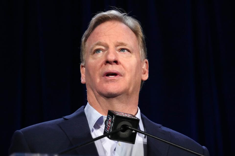 Feb 13, 2023;  Phoenix, AZ, USA;  NFL commissioner Roger Goodell speaks during the Super Bowl 57 Winning Team Head Coach and MVP press conference at the Phoenix Convention Center.