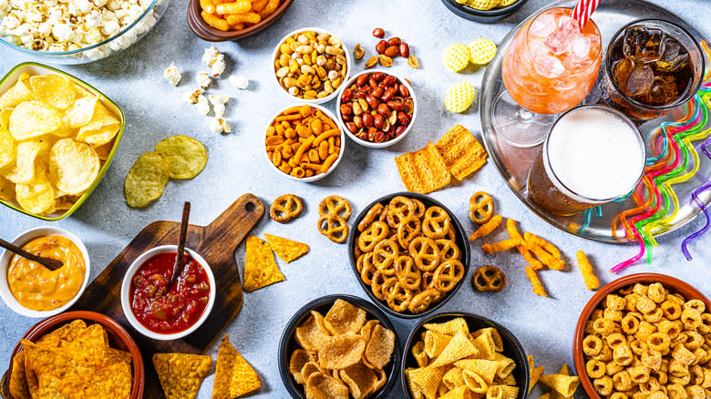 table of crunchy snacks, dips