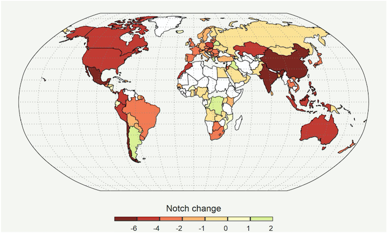 A global map depicting how much each country's credit rating is expected to fall.