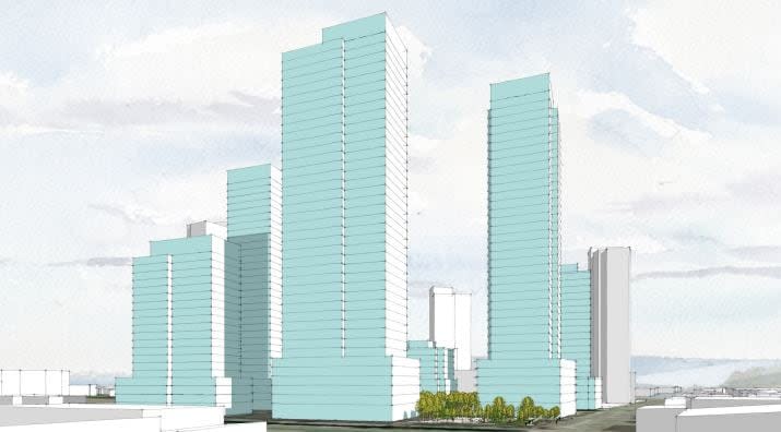 A rendering of RioCan's six-building development proposed for Carling Avenue.