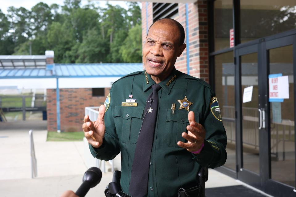 Leon County Sheriff Walt McNeil speaks to local press outside of the auditorium at Godby High School after a reunification exercise with Leon County Schools on July 28, 2022.