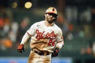 Baltimore Orioles' Ryan McKenna runs the bases after hitting a solo home run off Texas Rangers relief pitcher John King during the eighth inning of a baseball game, Tuesday, July 5, 2022, in Baltimore. The Orioles won 10-9 in ten innings. (AP Photo/Julio Cortez)