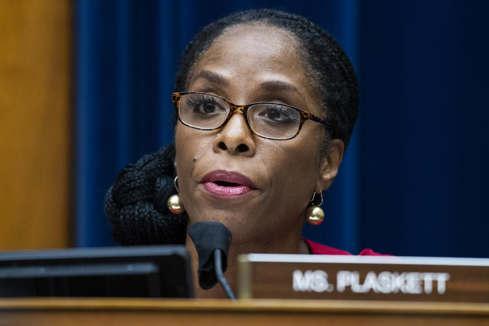 FILE - In this Aug. 24, 2020, file photo, Del. Stacey Plaskett, D-V.I., speaks during a hearing on the Postal Service on Capitol Hill in Washington. Plaskett couldn’t cast a vote last month when the House impeached former President Donald Trump. But she can help prosecute him. The non-voting delegate from the Virgin Islands is among the impeachment managers selected by House Speaker Nancy Pelosi to argue the case that Trump incited a deadly insurrection at the U.S. Capitol. (Tom Williams/Pool via AP, File)